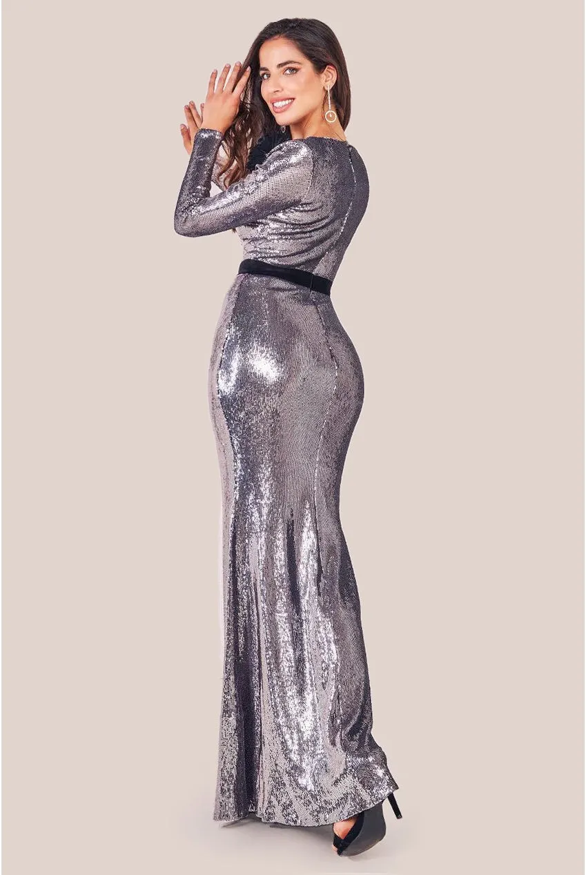 Goddiva Liquid Sequin Corsage Maxi - Silver