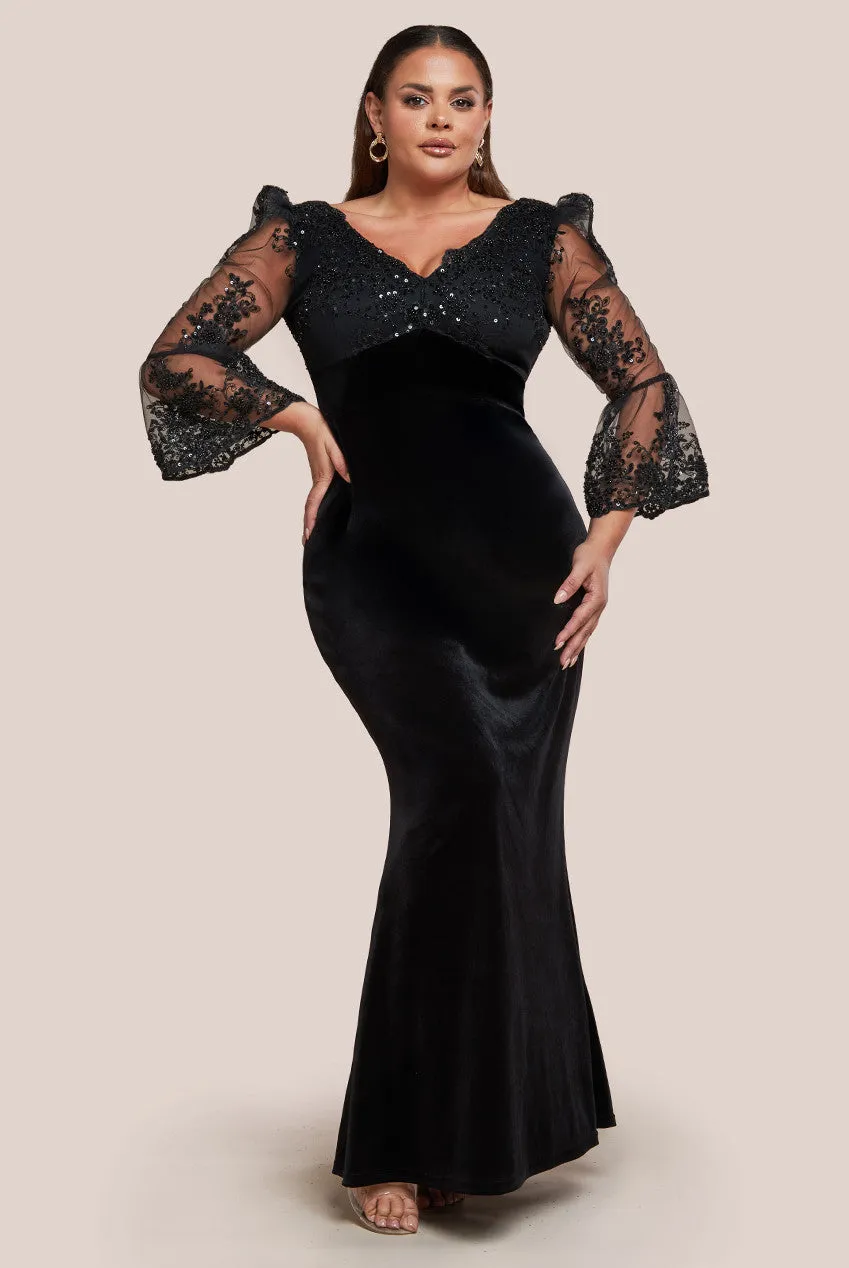 Goddiva Plus Scalloped Lace & Velvet Maxi Dress