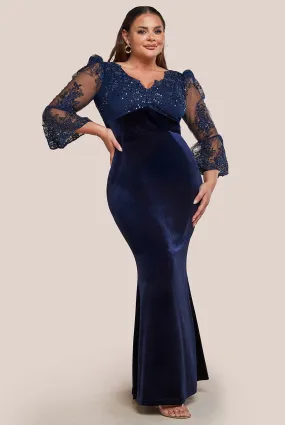 Goddiva Plus Scalloped Lace & Velvet Maxi Dress