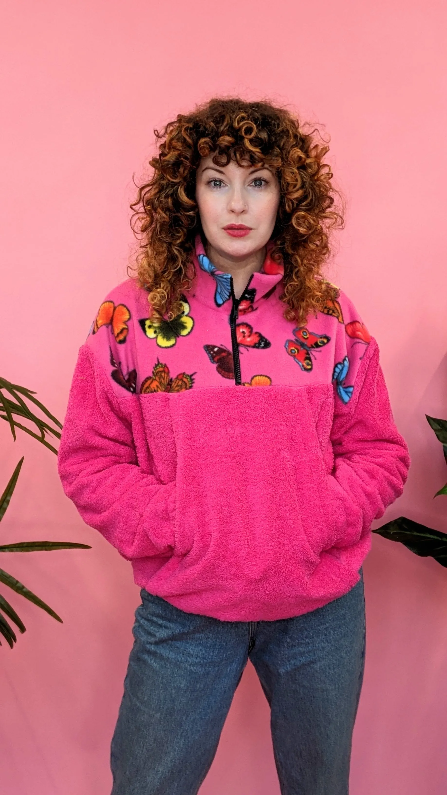 Half-Zip Pullover in Butterfly and Pink Towelling