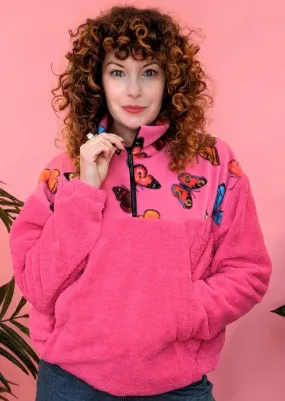 Half-Zip Pullover in Butterfly and Pink Towelling