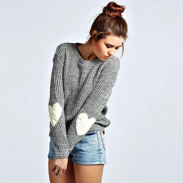 Heart elbow patch knitted pullover sweater