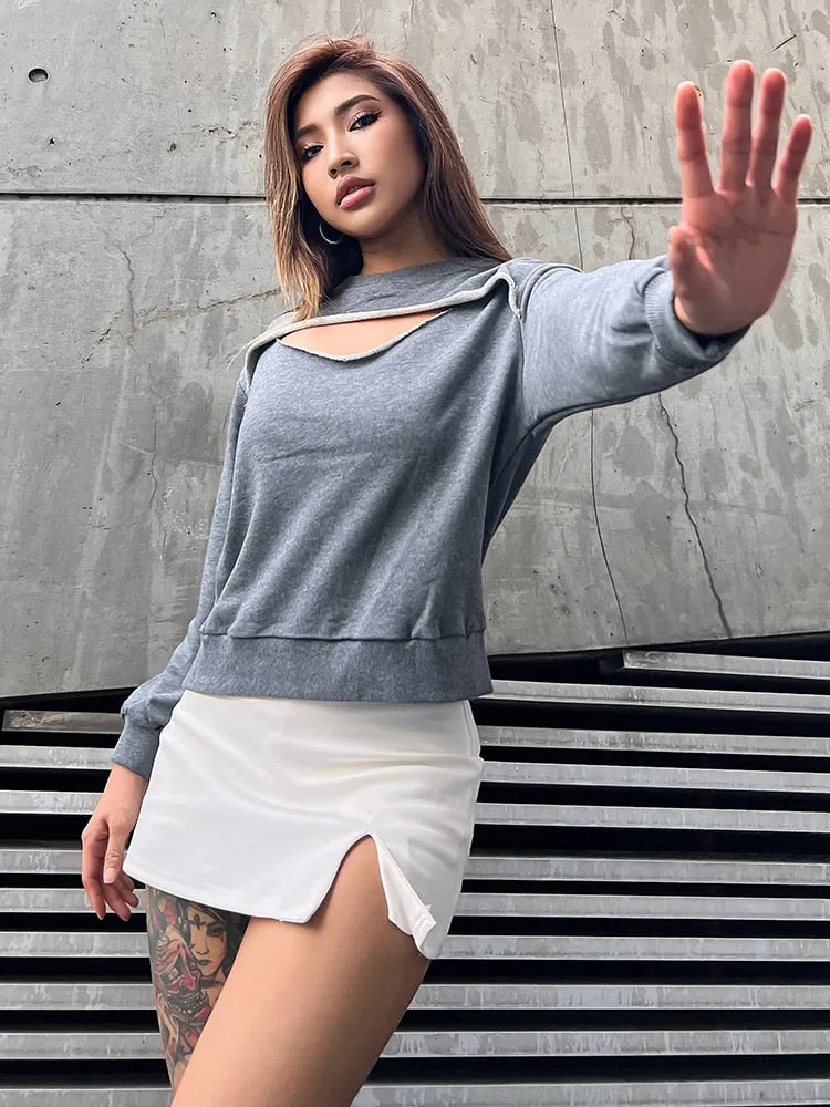 Hollow Out Casual Sweatshirt For Women O Neck Long Sleeve Loose Solid Sweatshirts Female Autumn Fashion Style