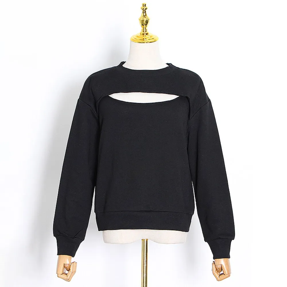 Hollow Out Casual Sweatshirt For Women O Neck Long Sleeve Loose Solid Sweatshirts Female Autumn Fashion Style