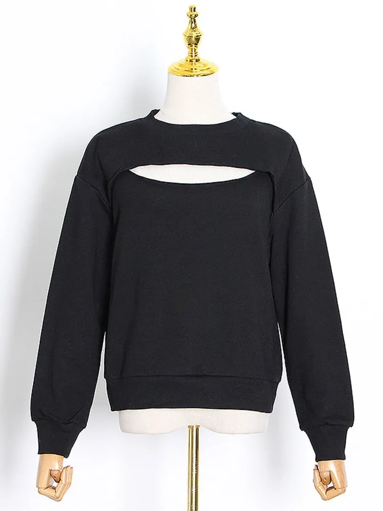 Hollow Out Casual Sweatshirt For Women O Neck Long Sleeve Loose Solid Sweatshirts Female Autumn Fashion Style