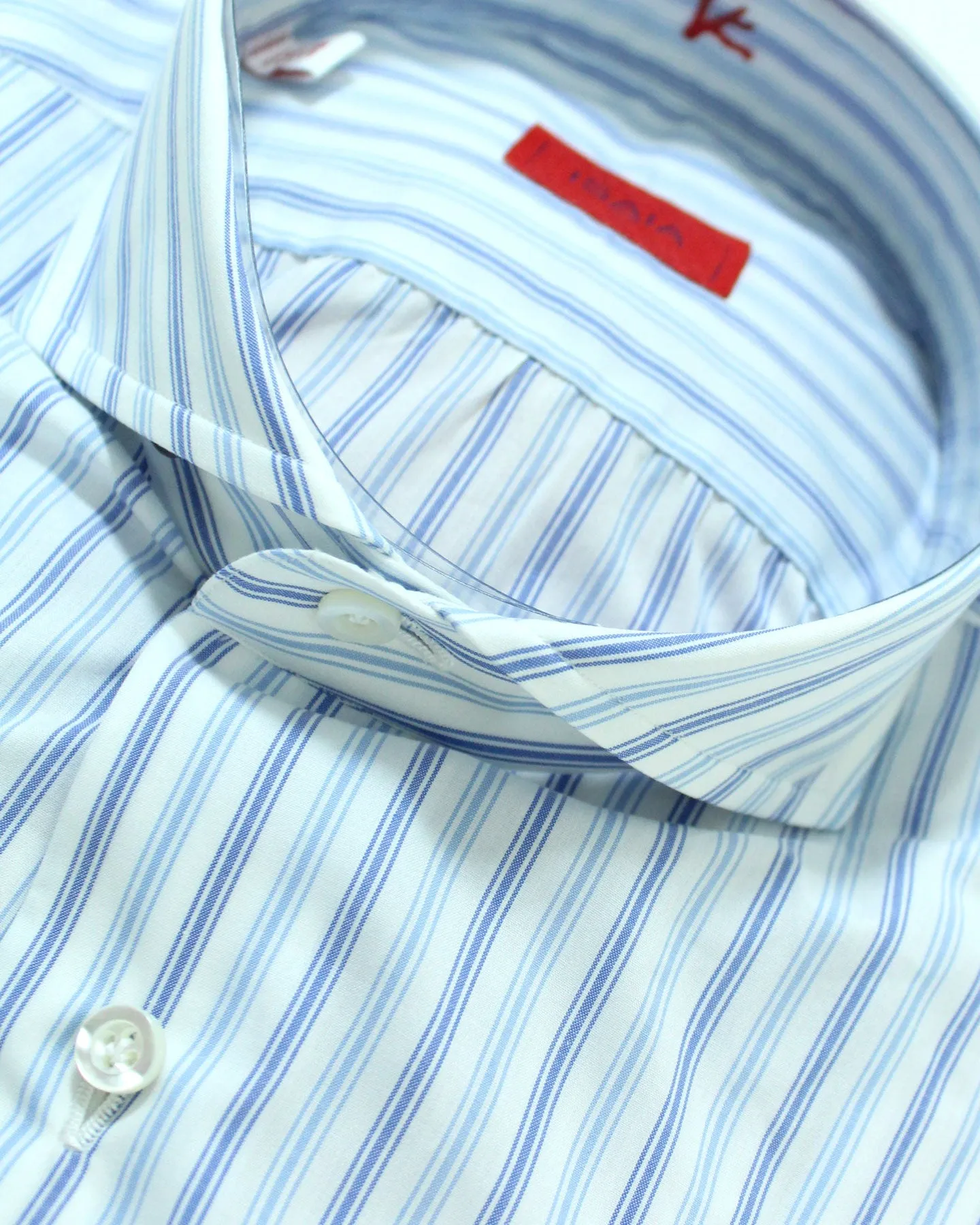 Isaia Dress Shirt White Blue Stripes 39 - 15 1/2 Cutaway Collar