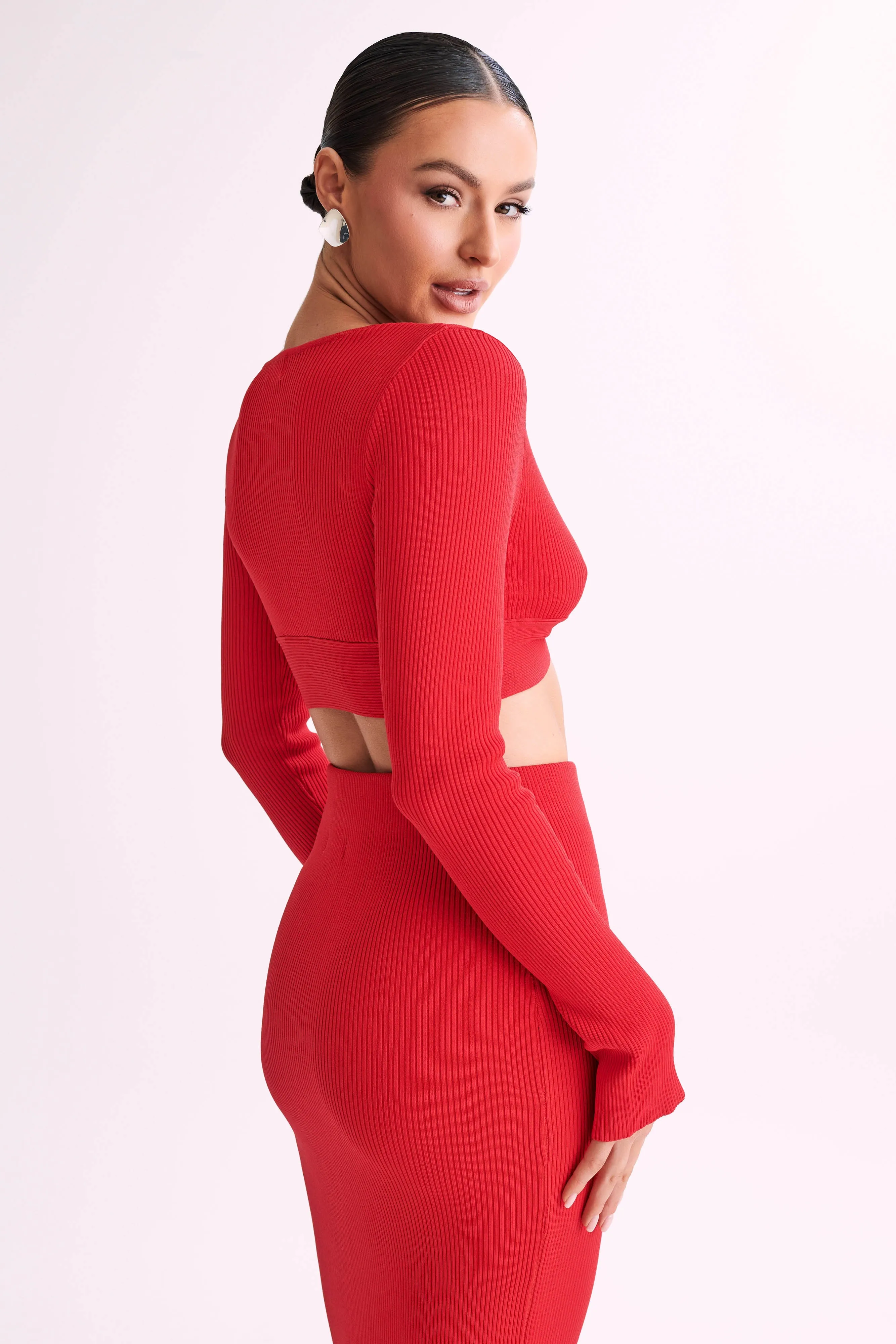 Kaesha Long Sleeve Twist Front Knit Top - Red