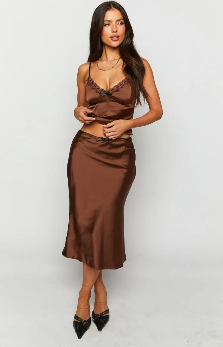 Khloe Brown Satin Midi Skirt