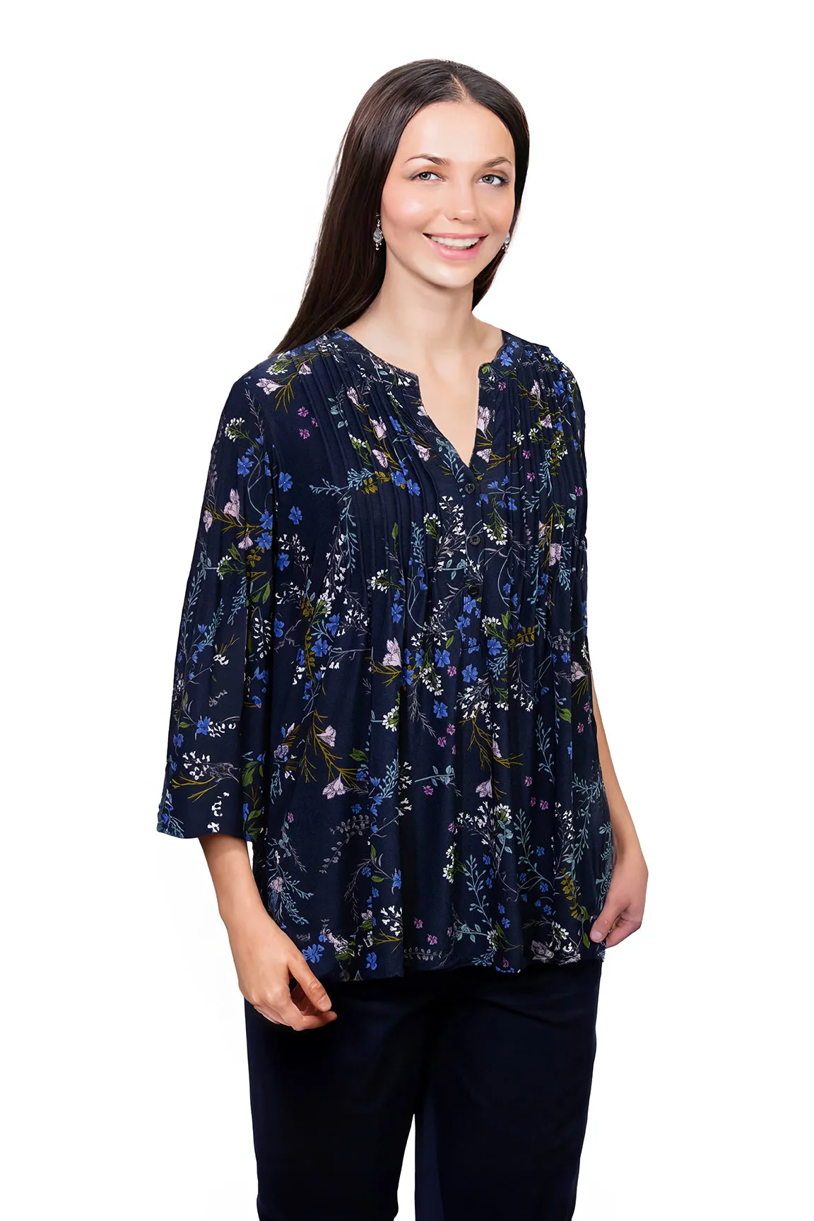 La Cera Plus Size Pleated Floral Print Tunic