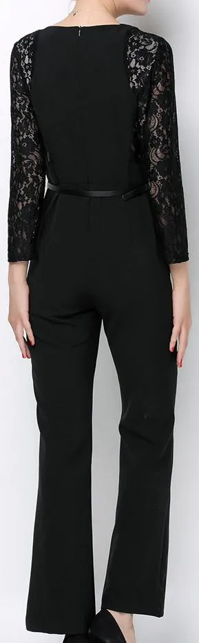 Lace Panel Cady Jumpsuit in Black