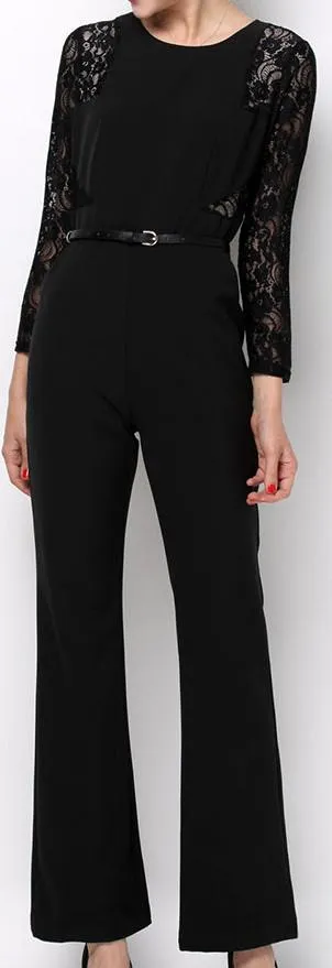 Lace Panel Cady Jumpsuit in Black