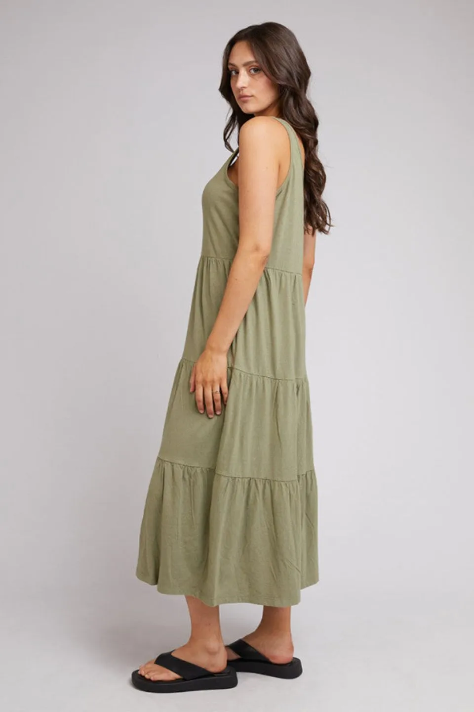 Linen Cotton Khaki Tiered Midi Dress