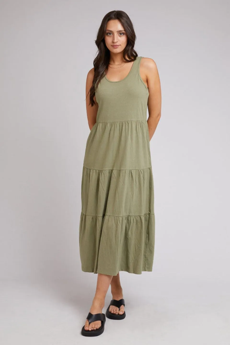 Linen Cotton Khaki Tiered Midi Dress