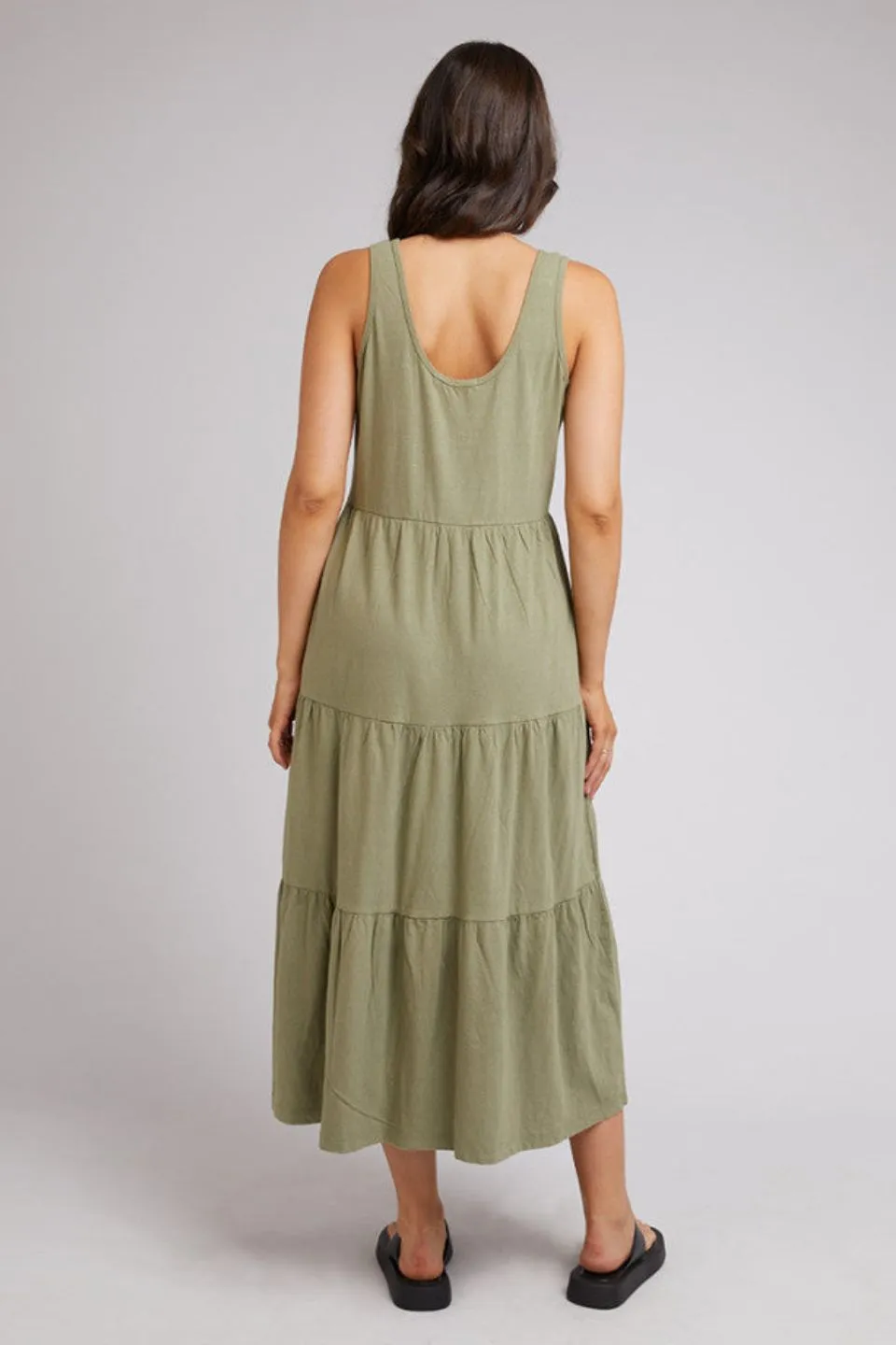 Linen Cotton Khaki Tiered Midi Dress