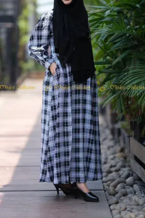 Linen Modest Dress Checkered Black