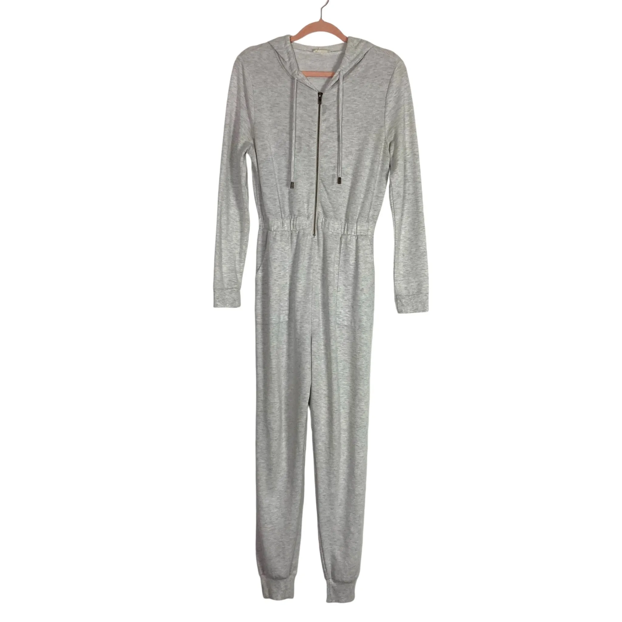 Lovestitch Heather Gray Elastic Waist Zip Up Hooded Jumpsuit- Size S (see notes)