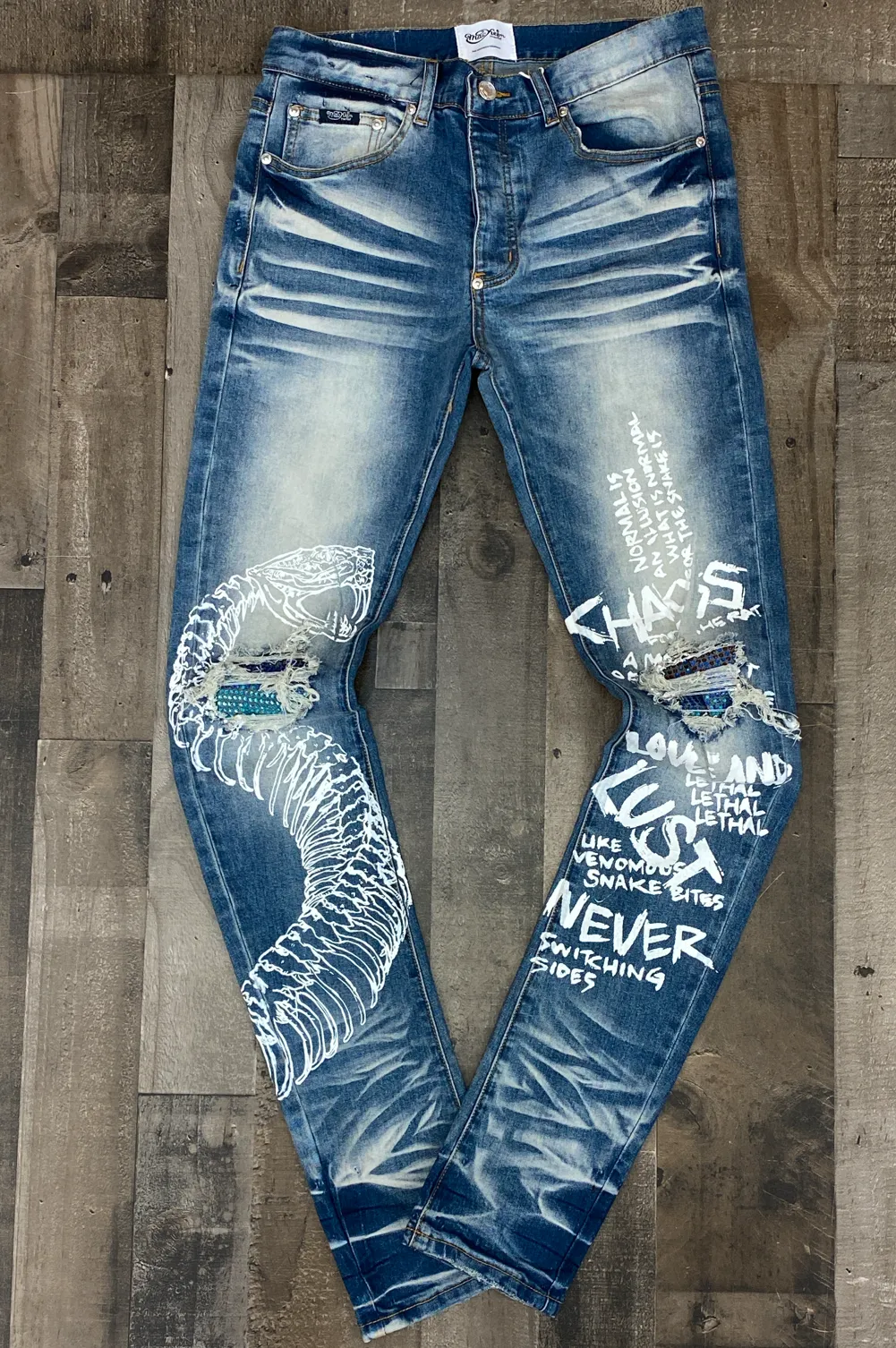 Mackeen- studio crystal knee cobra denim pants