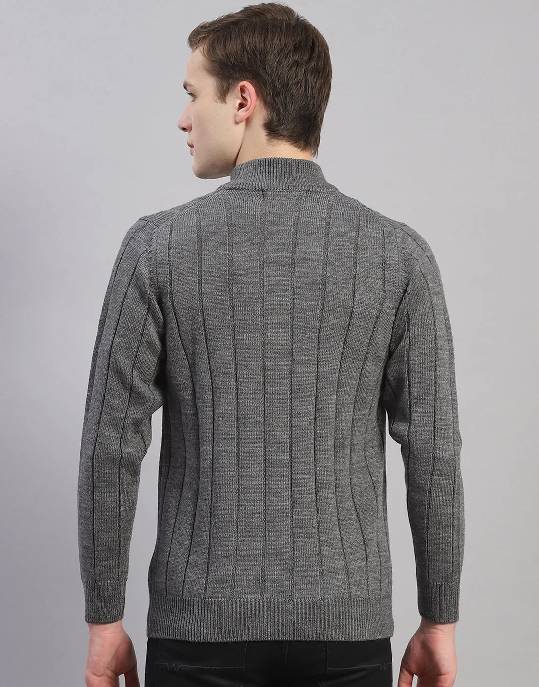 Men Grey Solid T Neck Full Sleeve Pullover