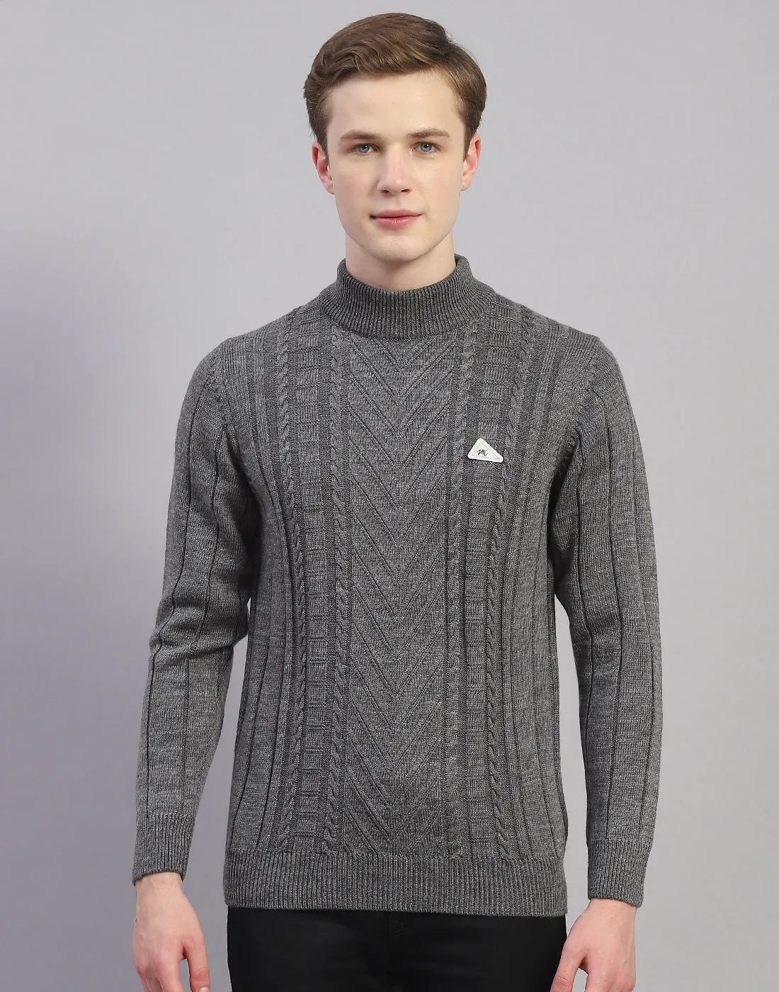 Men Grey Solid T Neck Full Sleeve Pullover