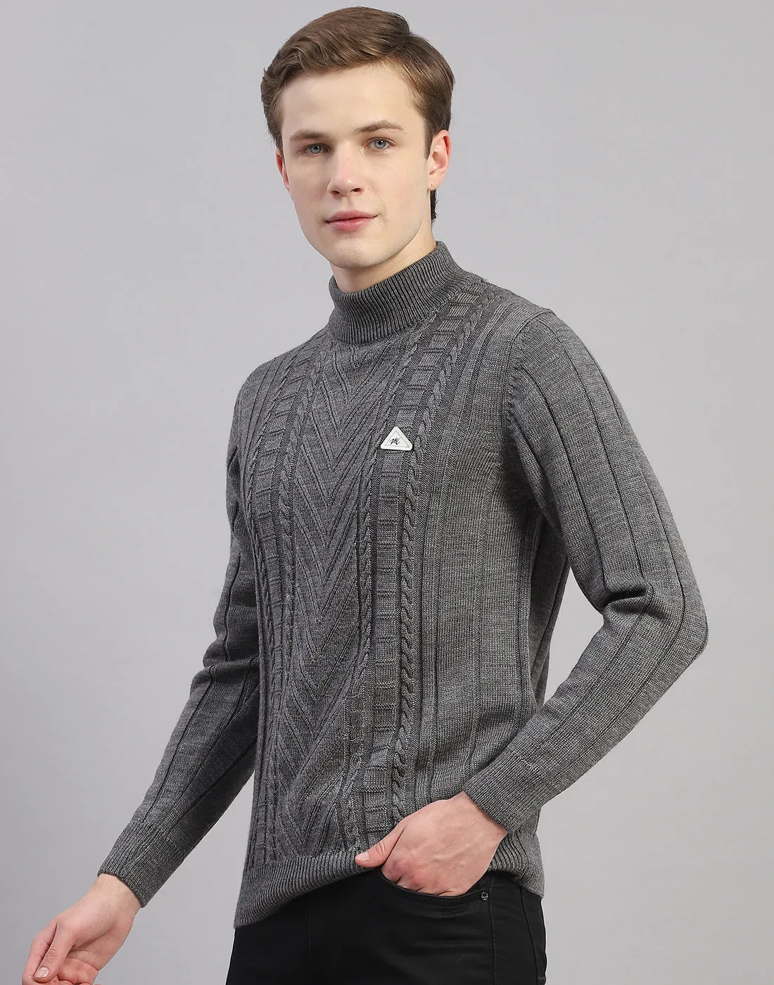 Men Grey Solid T Neck Full Sleeve Pullover