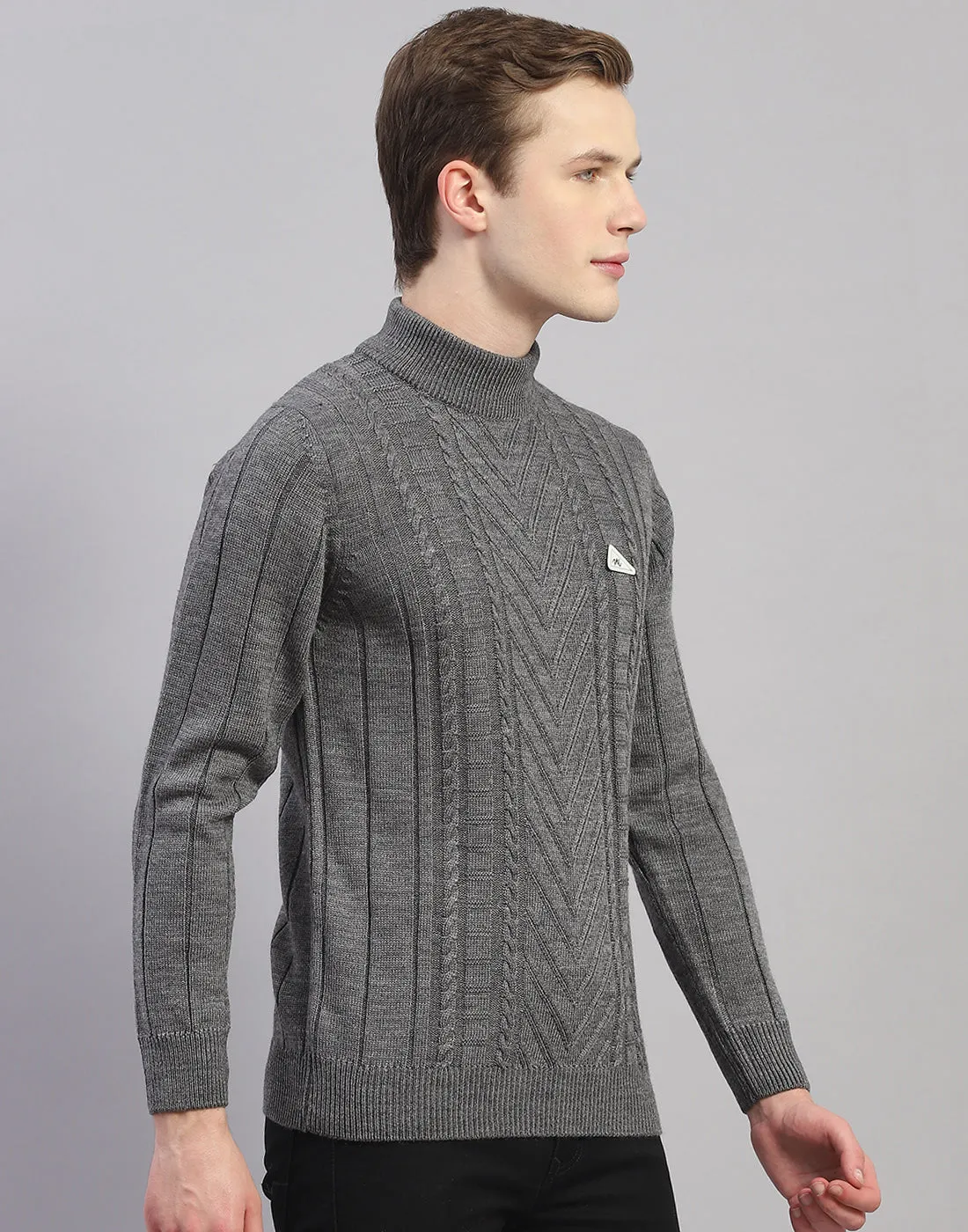 Men Grey Solid T Neck Full Sleeve Pullover