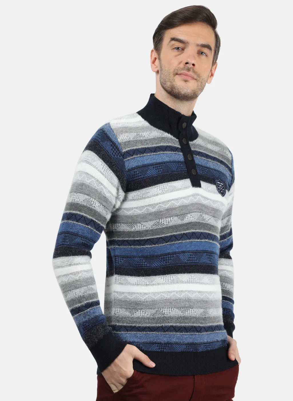 Men NAvy Blue & White Solid Pullover