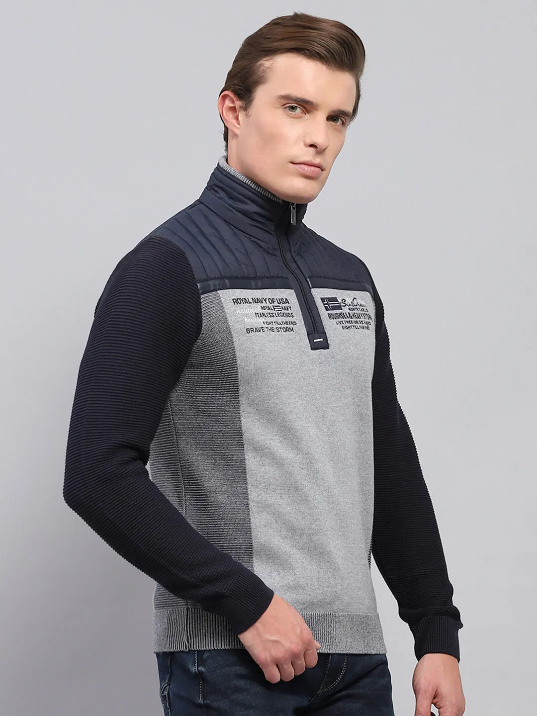 Men Navy Blue Printed Mock Neck Full Sleeve Pullover