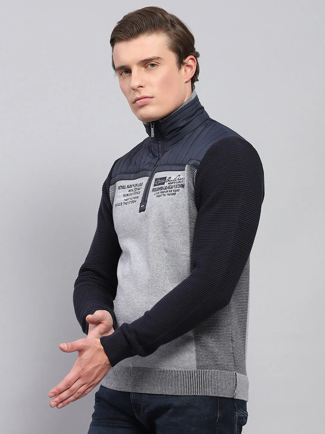 Men Navy Blue Printed Mock Neck Full Sleeve Pullover