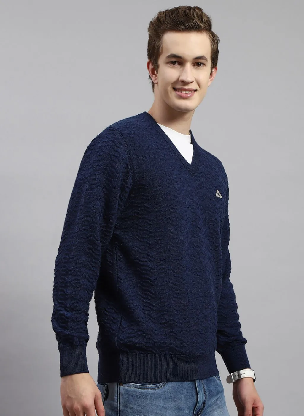 Men NAvy Blue Self Design Pure wool Pullover