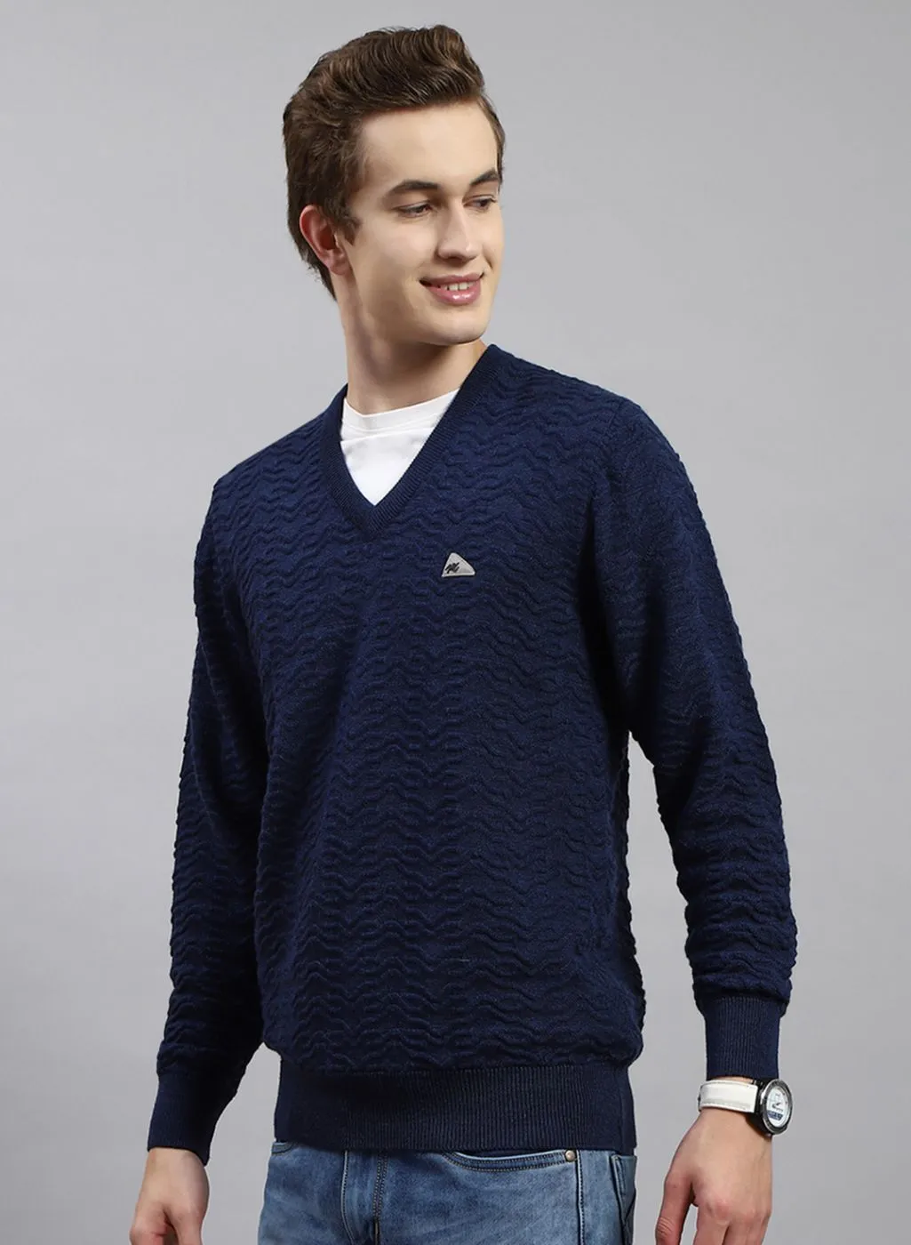 Men NAvy Blue Self Design Pure wool Pullover