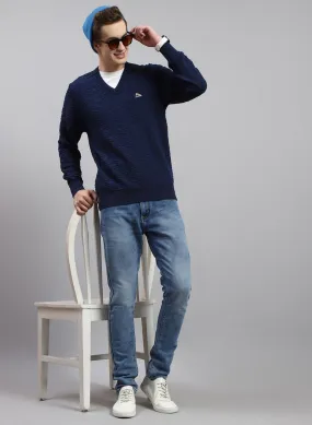 Men NAvy Blue Self Design Pure wool Pullover