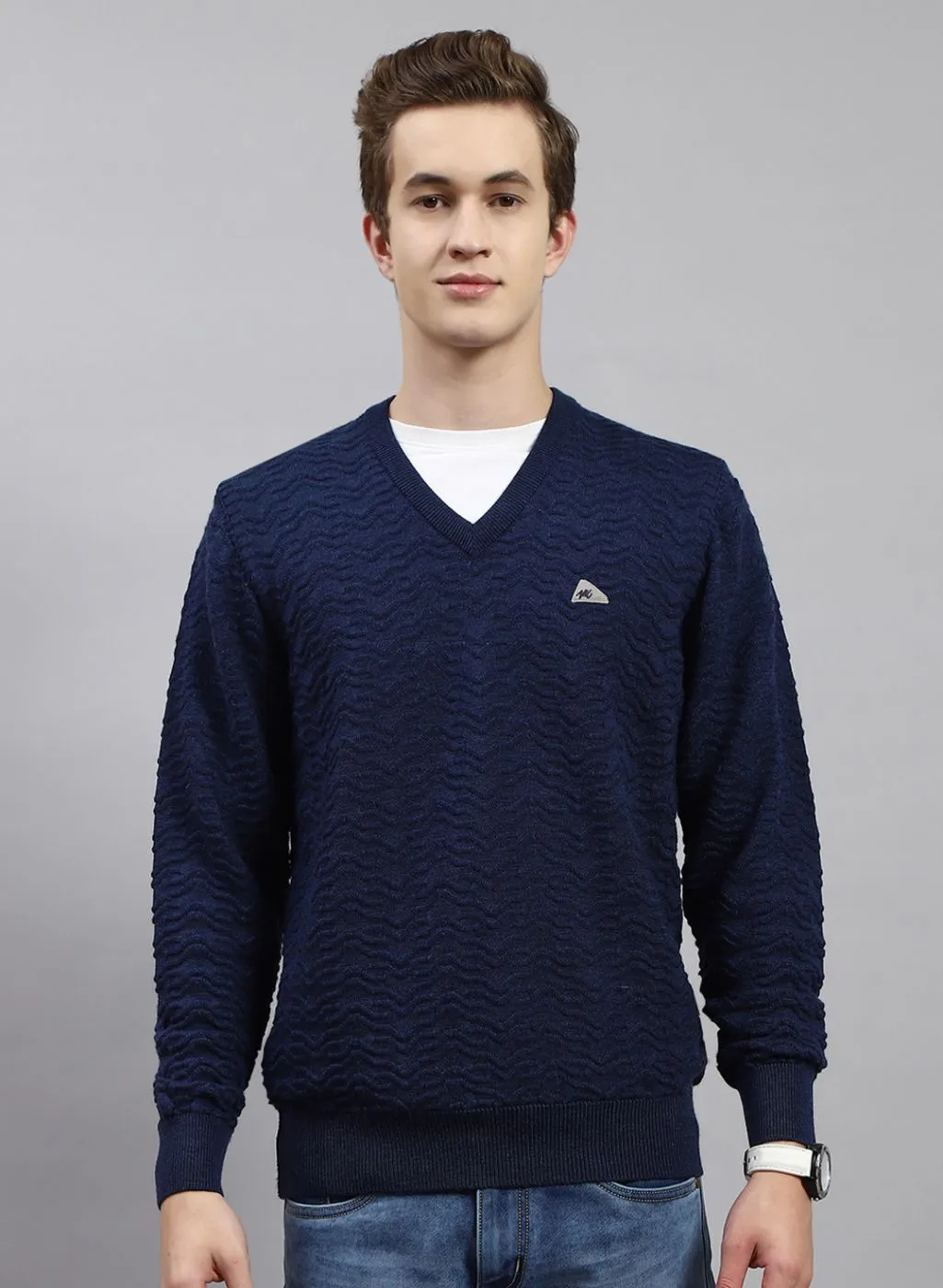 Men NAvy Blue Self Design Pure wool Pullover