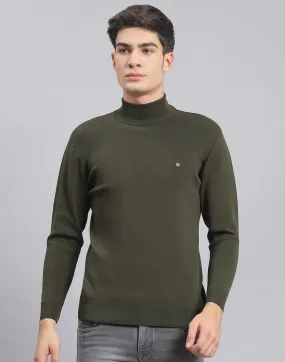 Men Olive Solid T Neck Full Sleeve Sweater