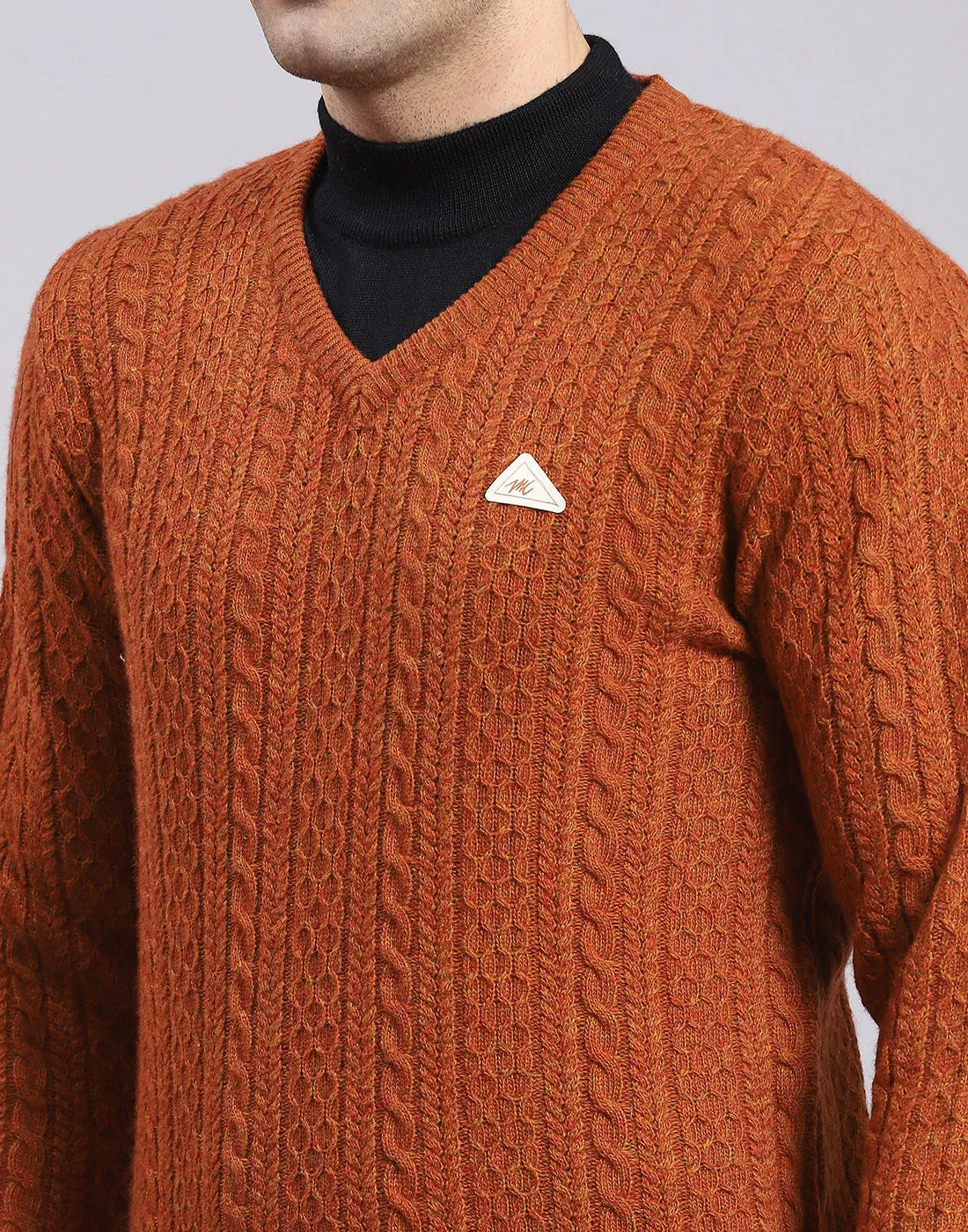 Men Rust Self Design V Neck Full Sleeve Sweater