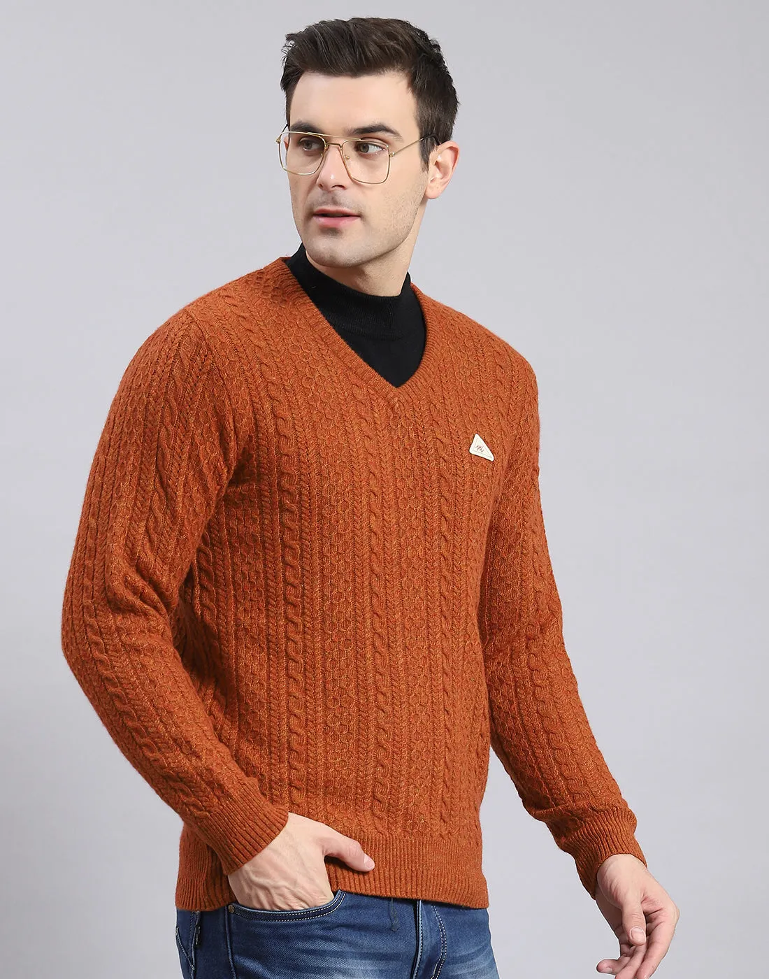 Men Rust Self Design V Neck Full Sleeve Sweater