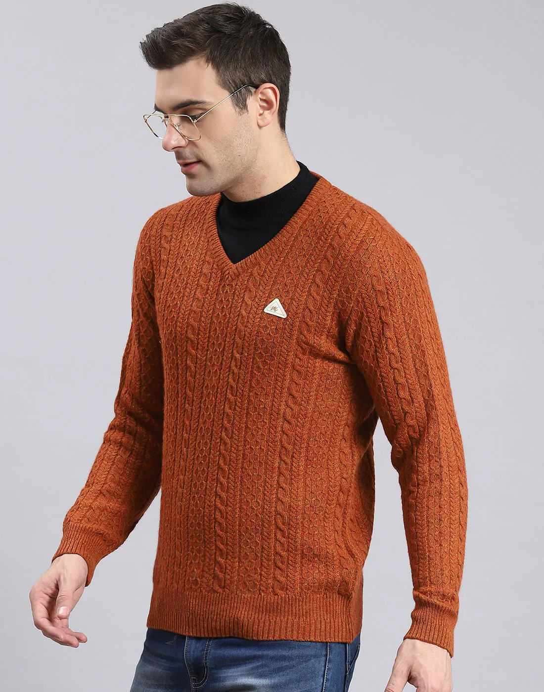 Men Rust Self Design V Neck Full Sleeve Sweater