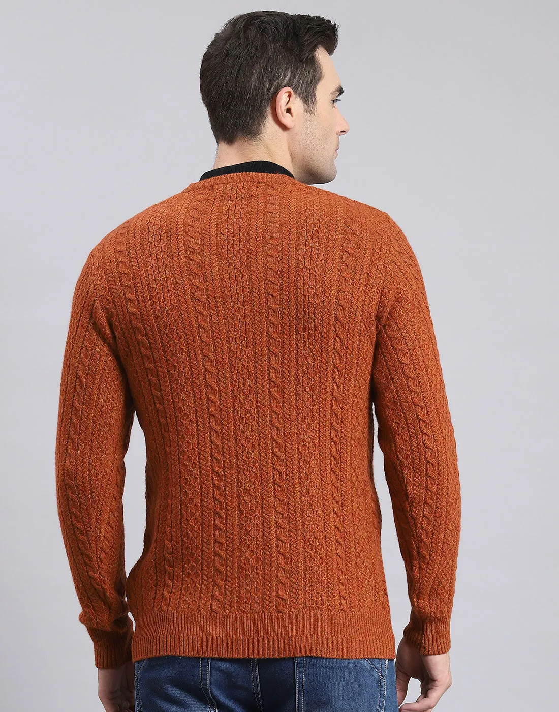 Men Rust Self Design V Neck Full Sleeve Sweater