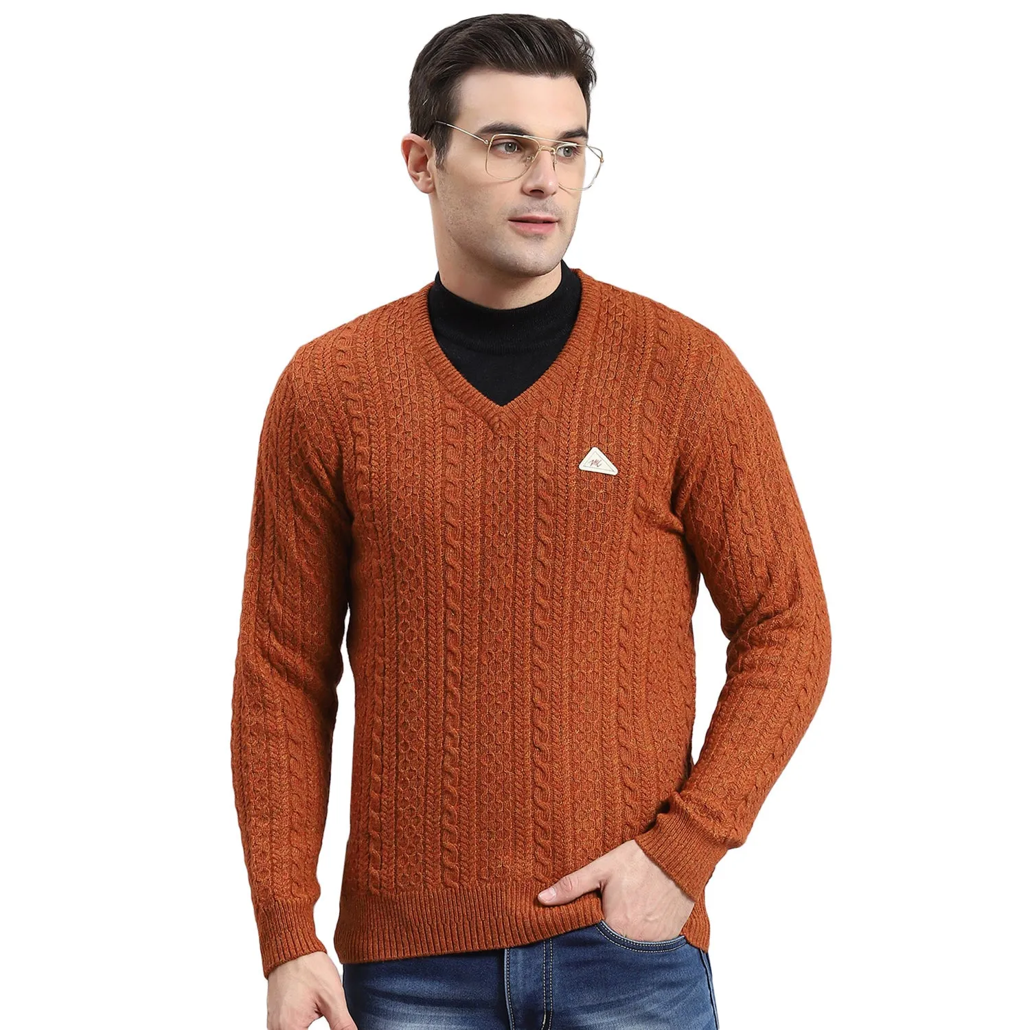 Men Rust Self Design V Neck Full Sleeve Sweater