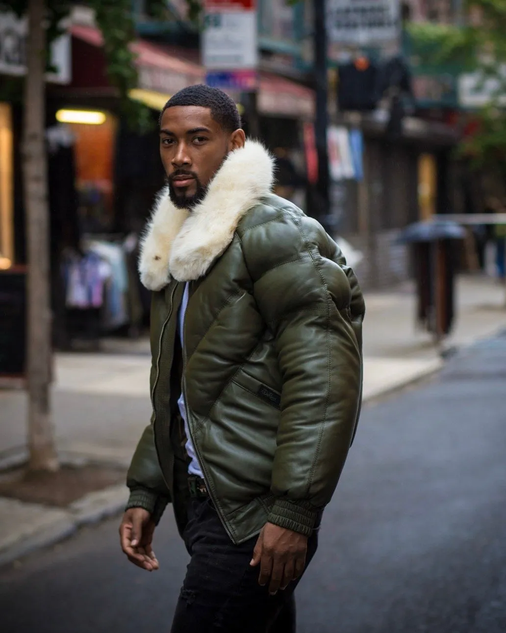 Men V Bomber Jacket - Money Green (Off White Fur)