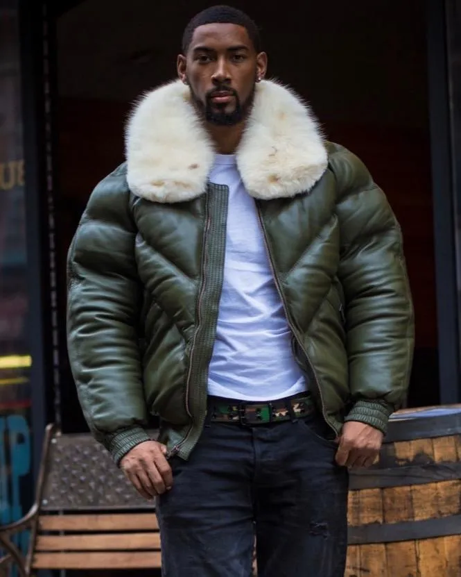 Men V Bomber Jacket - Money Green (Off White Fur)