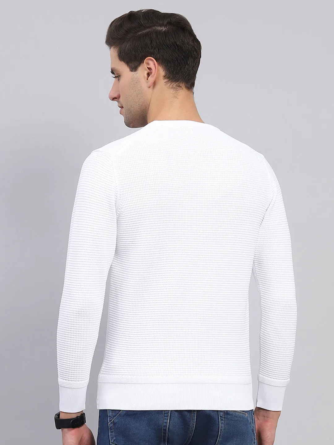 Men White Solid Round Neck Full Sleeve Pullover