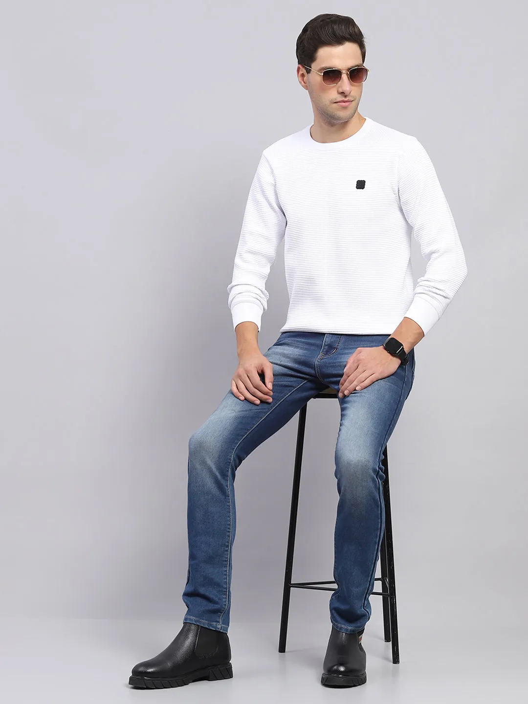 Men White Solid Round Neck Full Sleeve Pullover