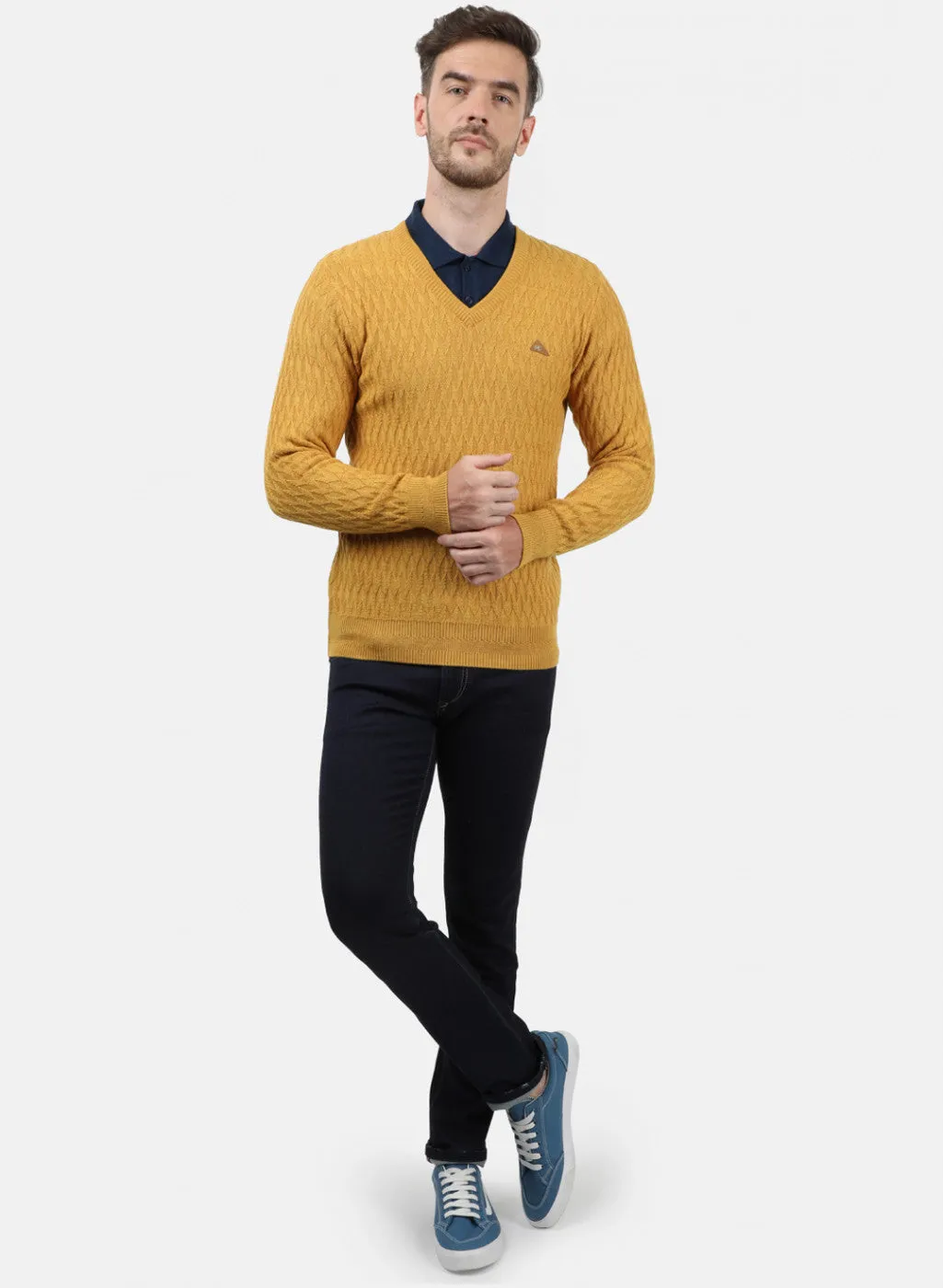 Men Yellow Self Pullover