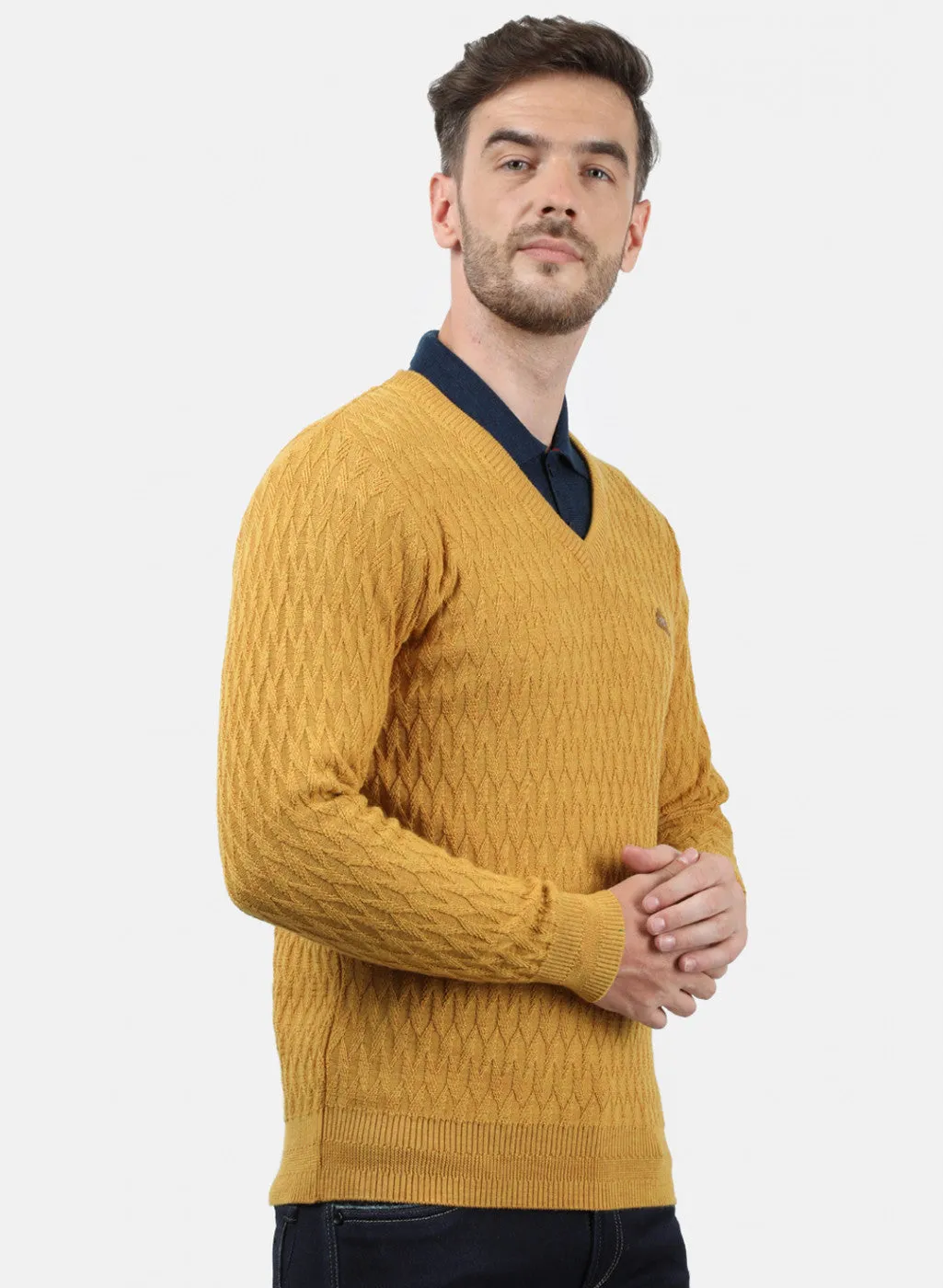 Men Yellow Self Pullover