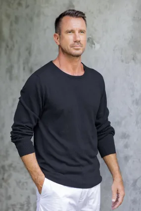 Men's Crew Neck Cotton Blend Pullover in Black from Peru - Classic Warmth in Black | NOVICA