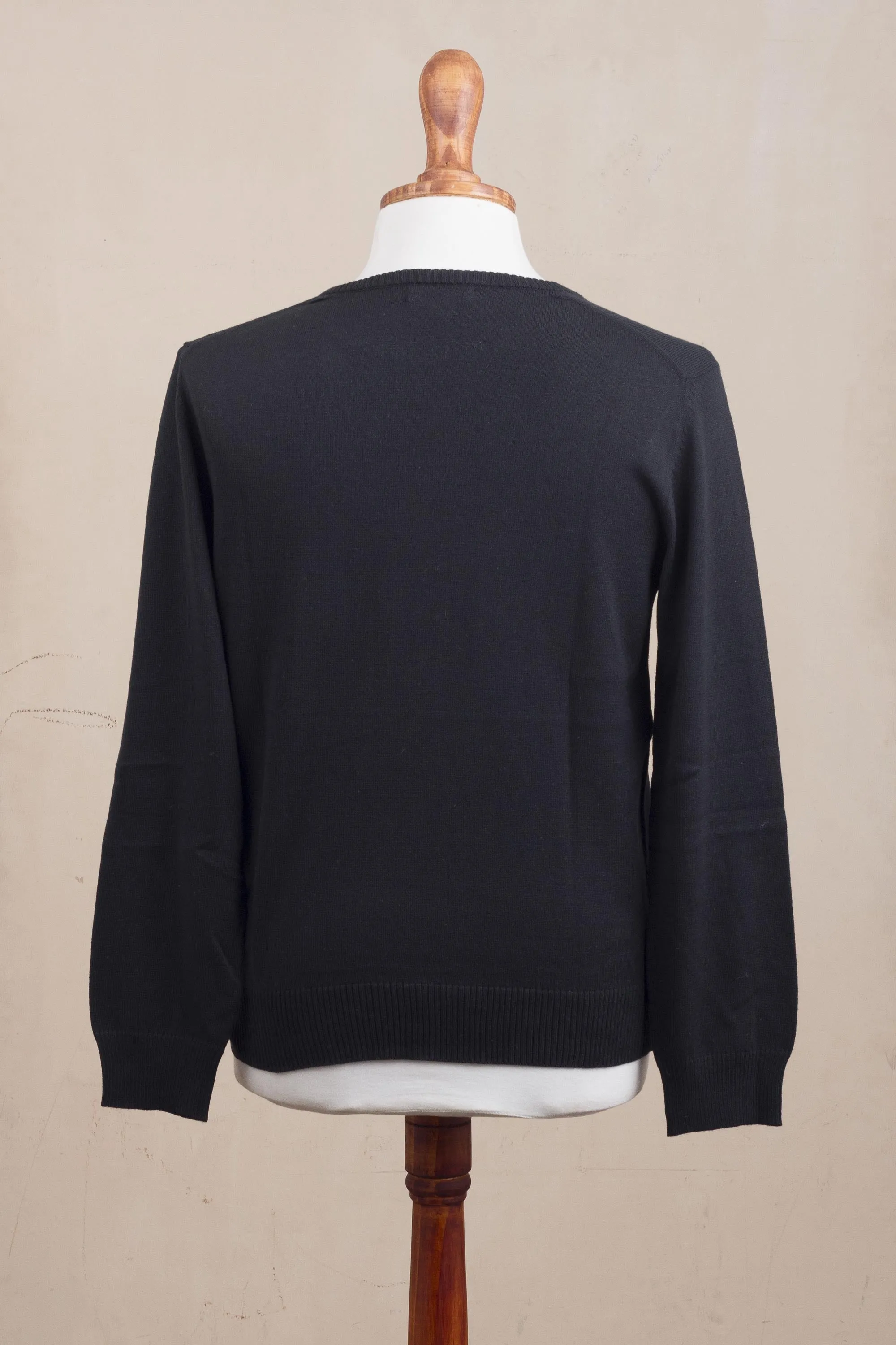 Men's Crew Neck Cotton Blend Pullover in Black from Peru - Classic Warmth in Black | NOVICA