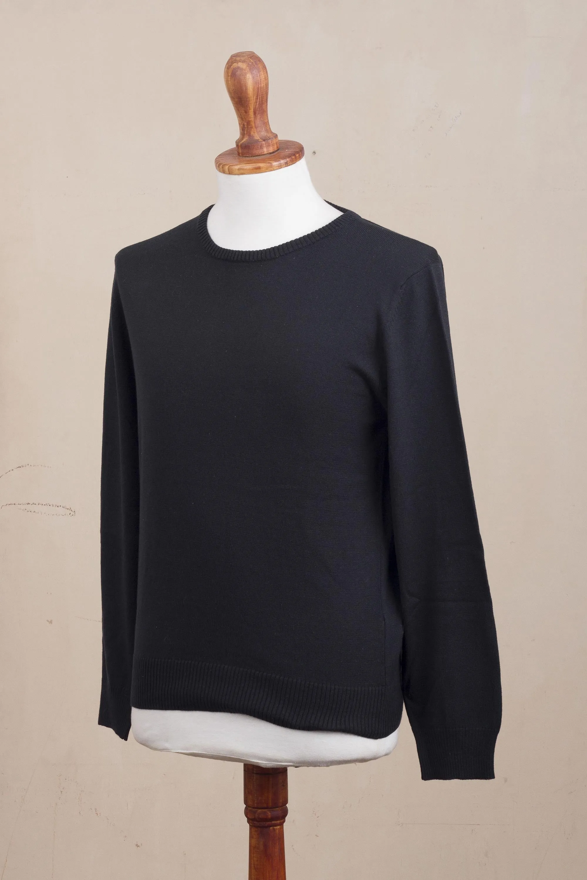 Men's Crew Neck Cotton Blend Pullover in Black from Peru - Classic Warmth in Black | NOVICA