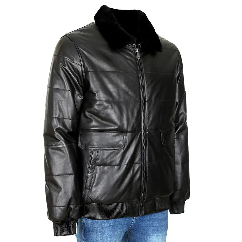 Mens Puffer Walter Leather Jacket with Fur Collar