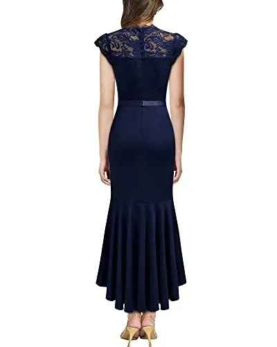 Miusol Women's Retro Floral Lace Ruffle Style Bridesmaid Party Maxi Dress (Large, Navy Blue)