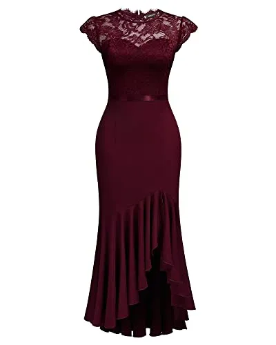 Miusol Women's Retro Floral Lace Ruffle Style Bridesmaid Party Maxi Dress (Large, Navy Blue)